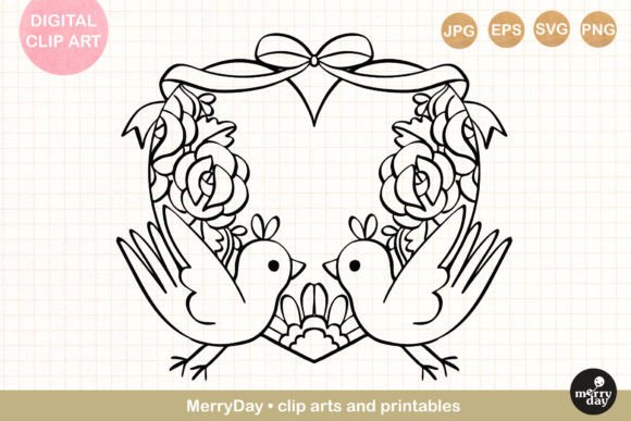 Charming Birds with Decorative Heart Line Art for Designs