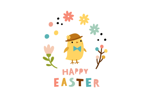 Happy Easter Card: Decorative Floral Elements & Baby Chick Design